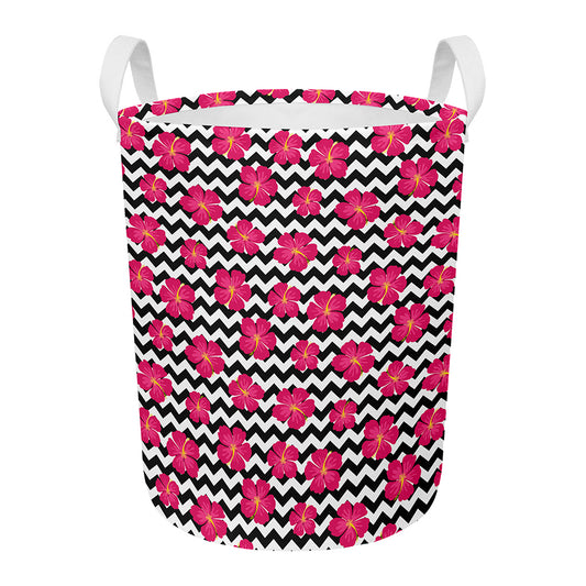 Pink Hibiscus Zigzag Pattern Print Round Laundry Basket