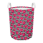 Pink Hibiscus Zigzag Pattern Print Round Laundry Basket
