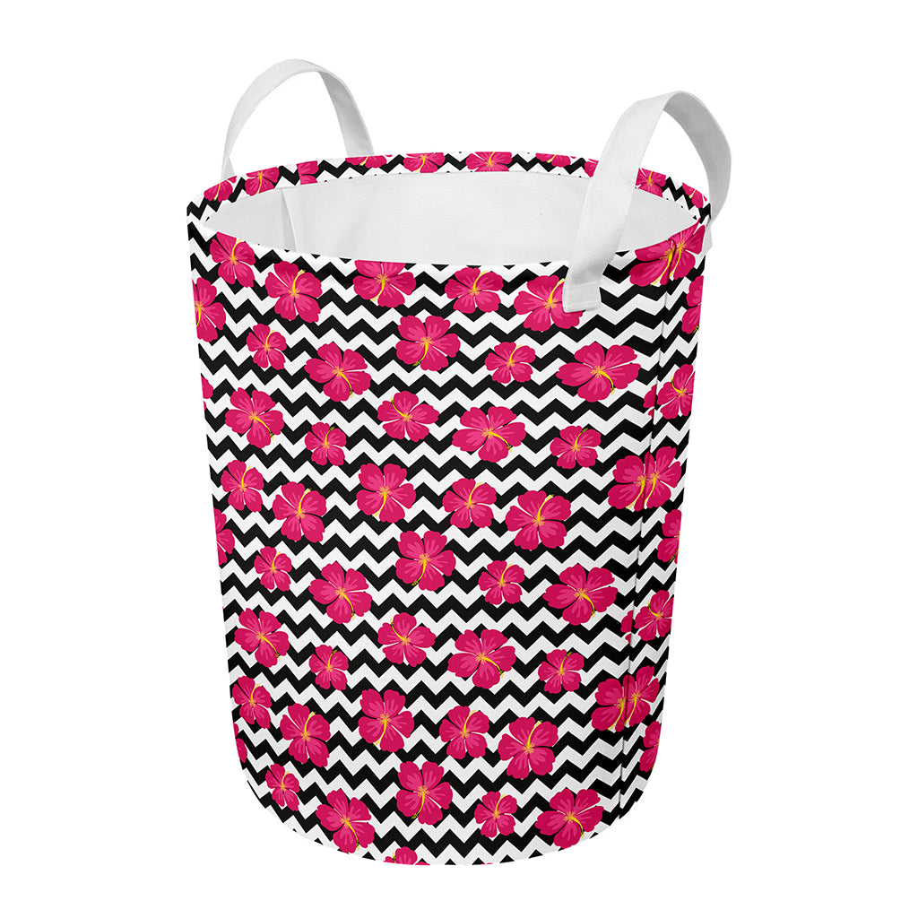 Pink Hibiscus Zigzag Pattern Print Round Laundry Basket