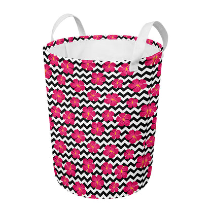 Pink Hibiscus Zigzag Pattern Print Round Laundry Basket