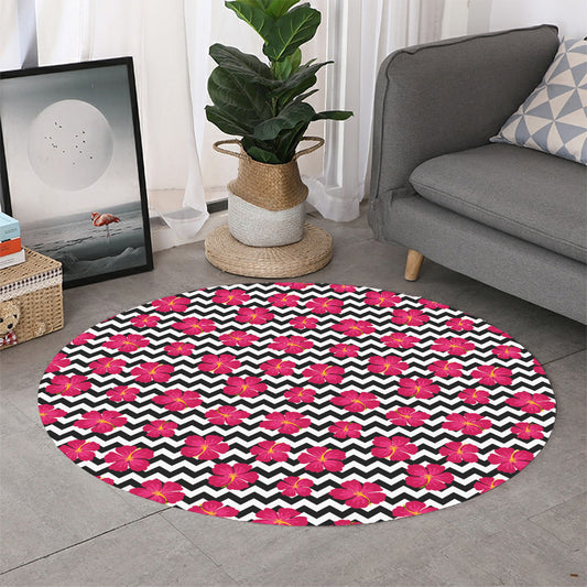 Pink Hibiscus Zigzag Pattern Print Round Rug