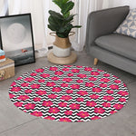 Pink Hibiscus Zigzag Pattern Print Round Rug
