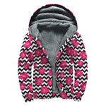 Pink Hibiscus Zigzag Pattern Print Sherpa Lined Zip Up Hoodie