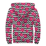 Pink Hibiscus Zigzag Pattern Print Sherpa Lined Zip Up Hoodie