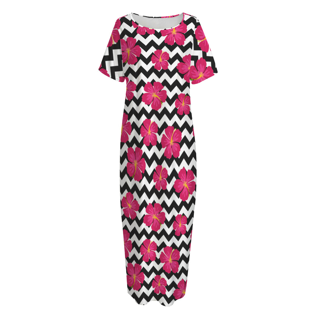 Pink Hibiscus Zigzag Pattern Print Short Sleeve Long Nightdress