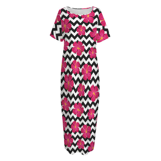Pink Hibiscus Zigzag Pattern Print Short Sleeve Long Nightdress