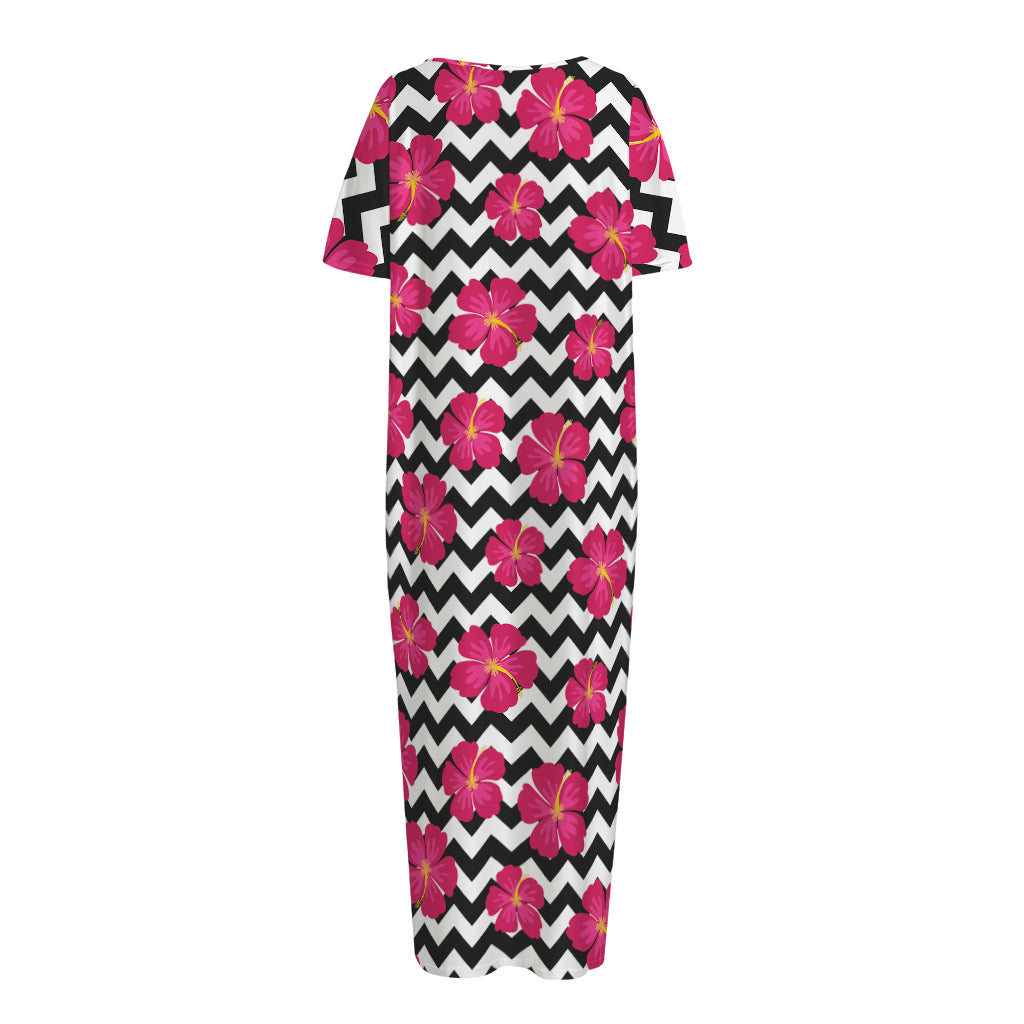 Pink Hibiscus Zigzag Pattern Print Short Sleeve Long Nightdress