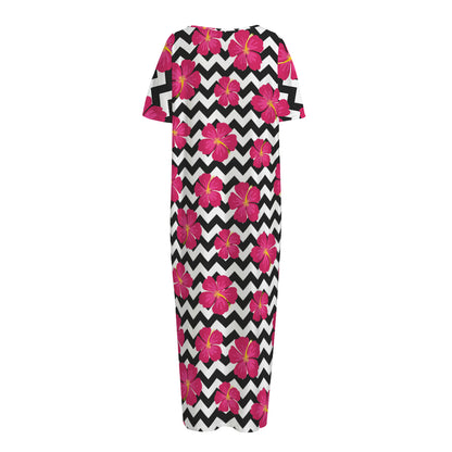 Pink Hibiscus Zigzag Pattern Print Short Sleeve Long Nightdress