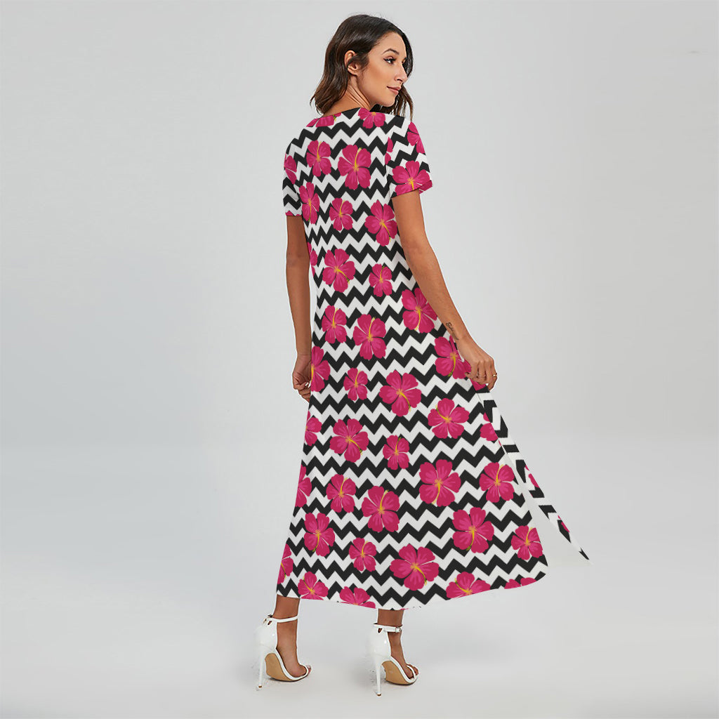 Pink Hibiscus Zigzag Pattern Print Short Sleeve Maxi Dress
