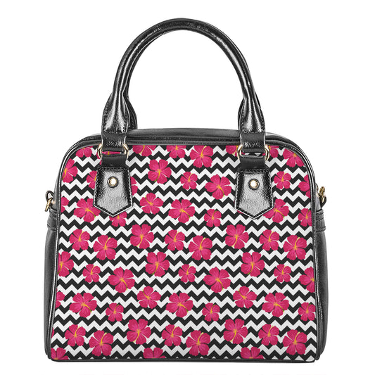 Pink Hibiscus Zigzag Pattern Print Shoulder Handbag