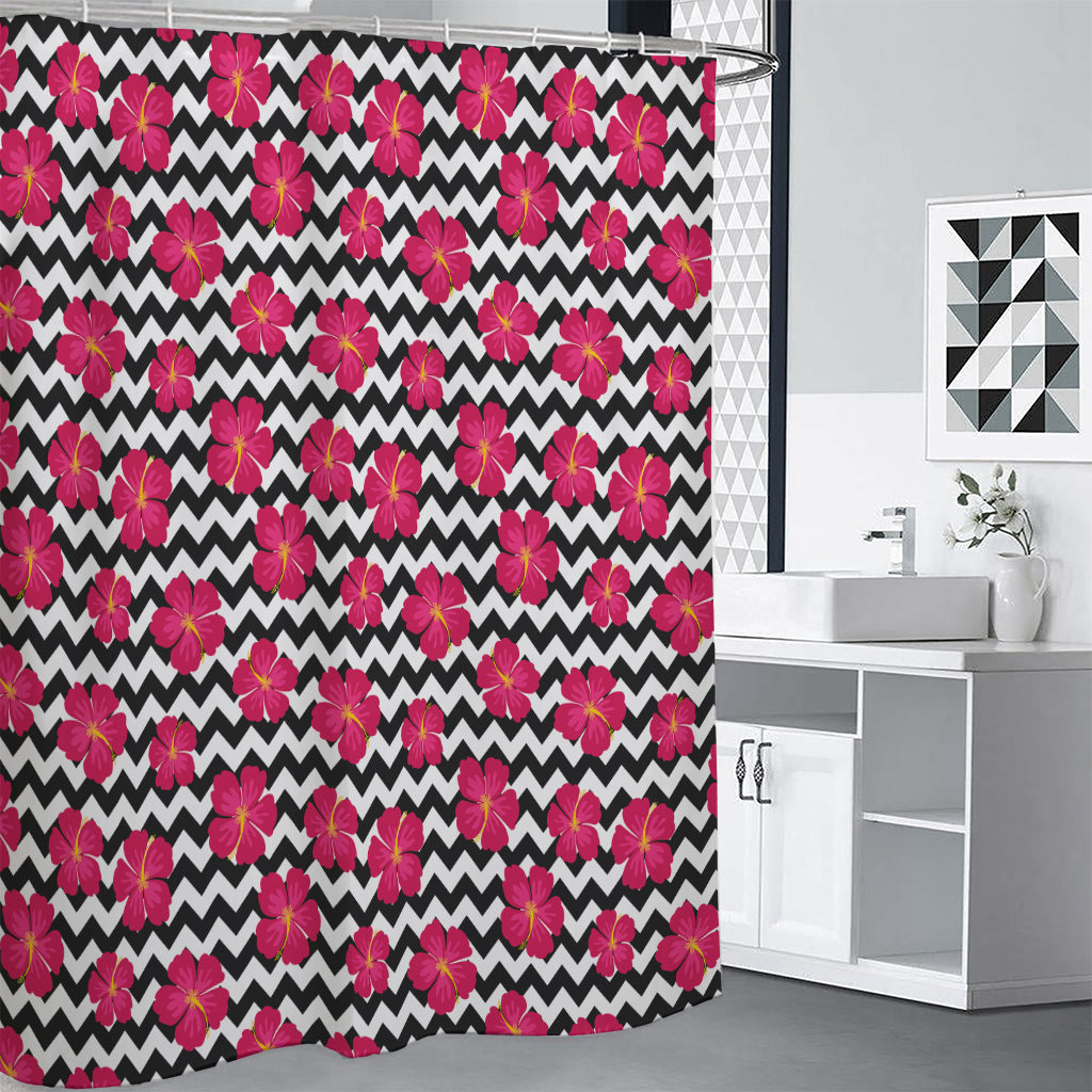 Pink Hibiscus Zigzag Pattern Print Shower Curtain