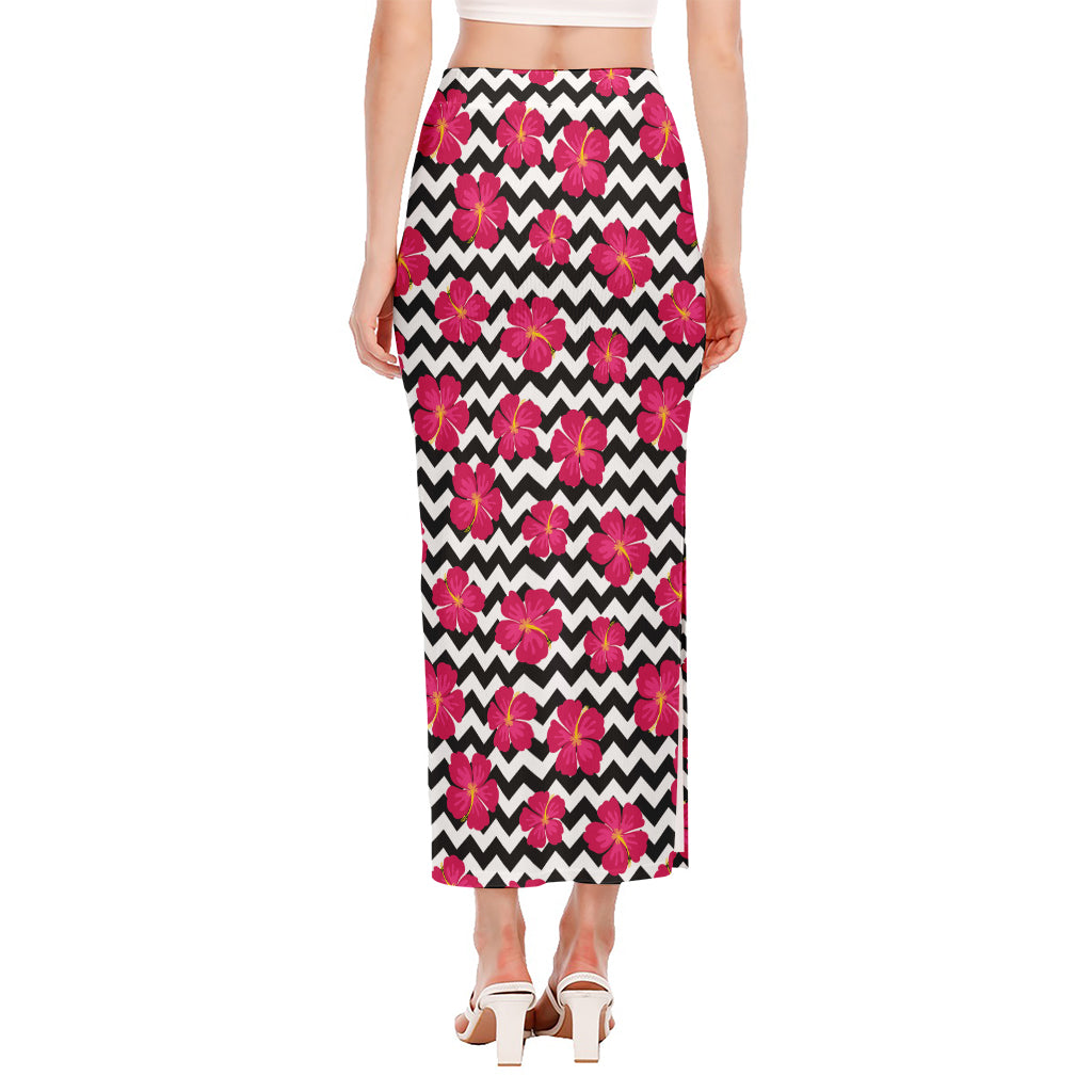 Pink Hibiscus Zigzag Pattern Print Side Slit Maxi Skirt