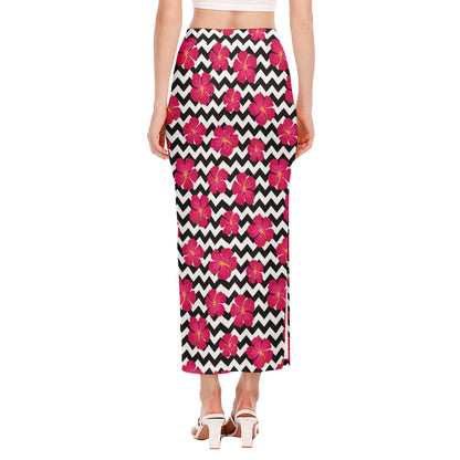 Pink Hibiscus Zigzag Pattern Print Side Slit Maxi Skirt