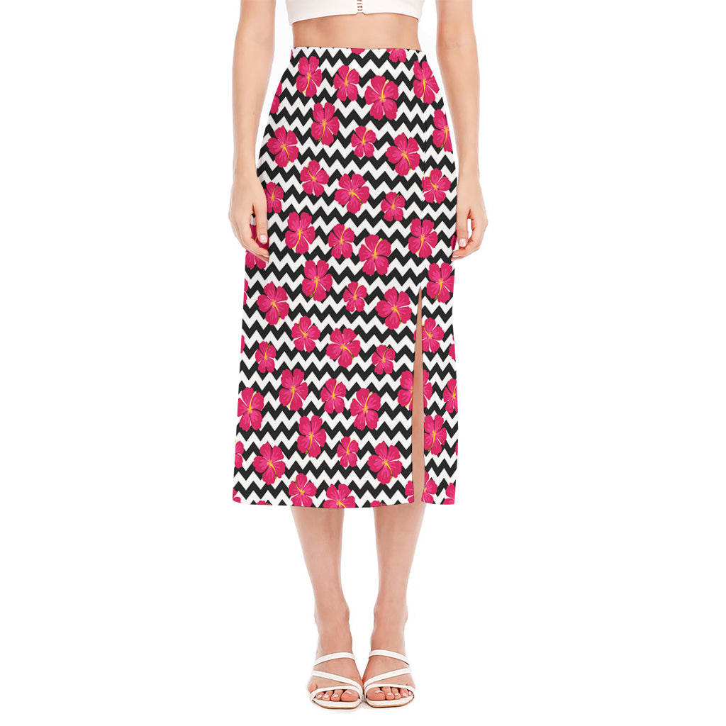Pink Hibiscus Zigzag Pattern Print Side Slit Midi Skirt