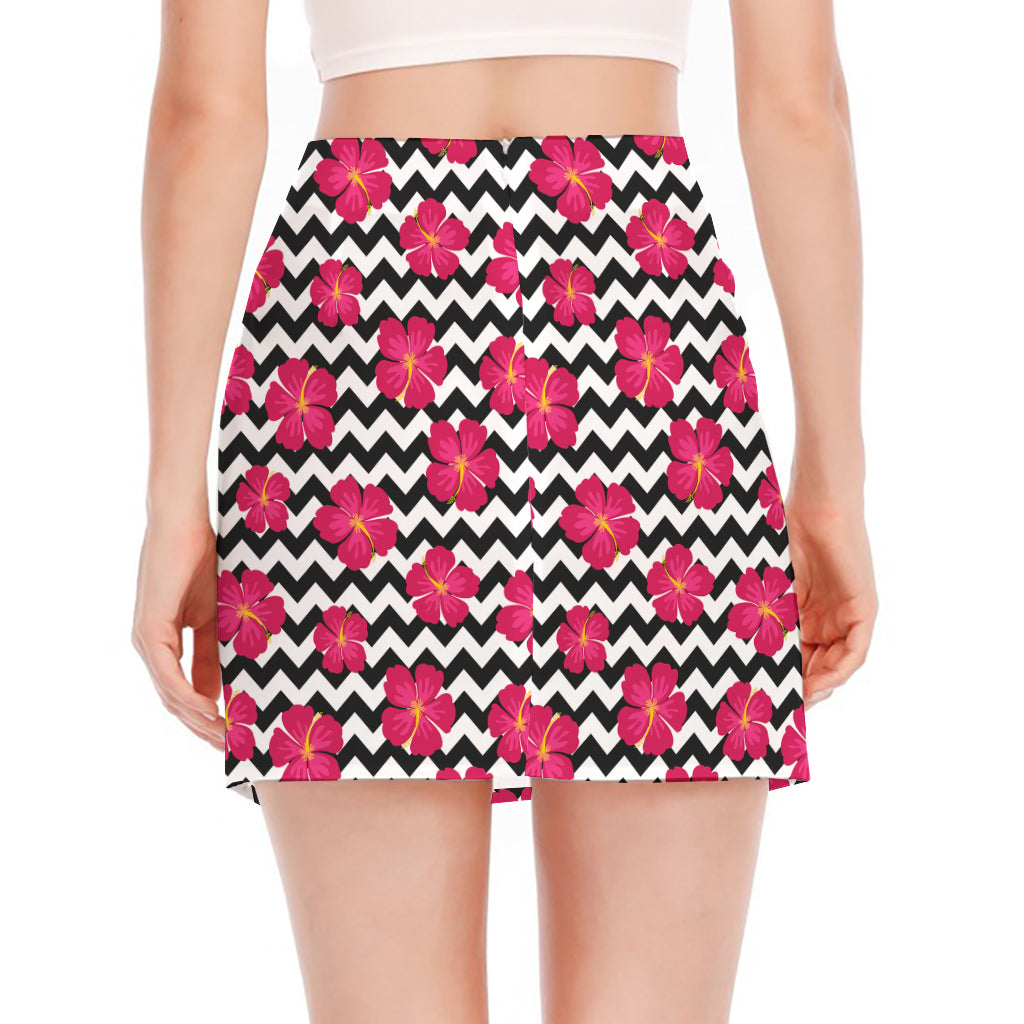 Pink Hibiscus Zigzag Pattern Print Side Slit Mini Skirt