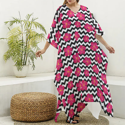 Pink Hibiscus Zigzag Pattern Print Silk V-Neck Kaftan Dress