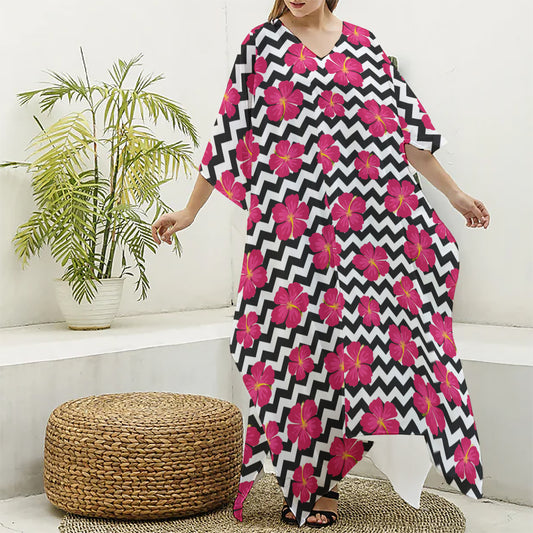 Pink Hibiscus Zigzag Pattern Print Silk V-Neck Kaftan Dress