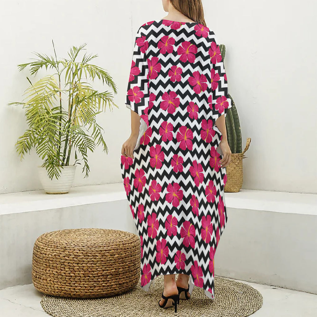Pink Hibiscus Zigzag Pattern Print Silk V-Neck Kaftan Dress