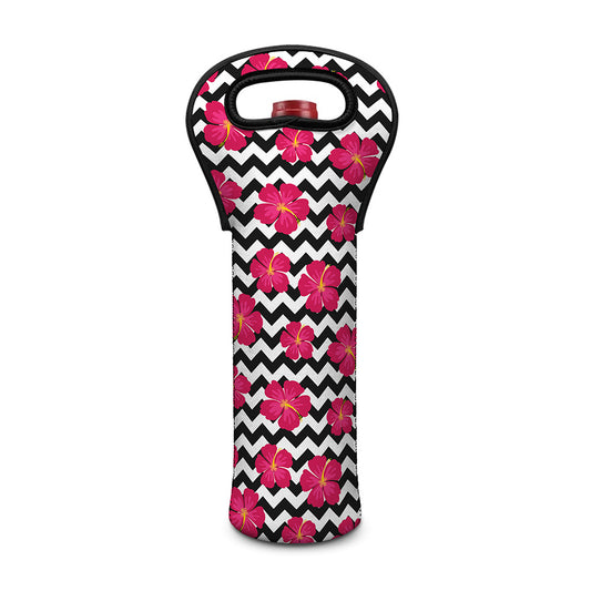 Pink Hibiscus Zigzag Pattern Print Single Neoprene Wine Tote