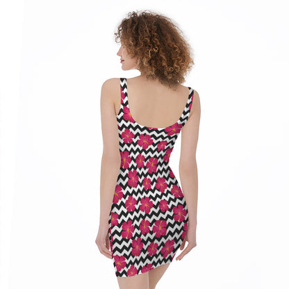 Pink Hibiscus Zigzag Pattern Print Sleeveless Bodycon Dress