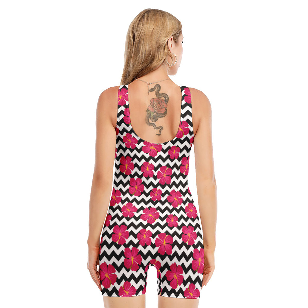 Pink Hibiscus Zigzag Pattern Print Sleeveless One Piece Swimsuit