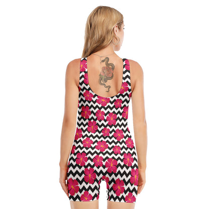 Pink Hibiscus Zigzag Pattern Print Sleeveless One Piece Swimsuit