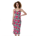 Pink Hibiscus Zigzag Pattern Print Slim Fit Midi Cami Dress