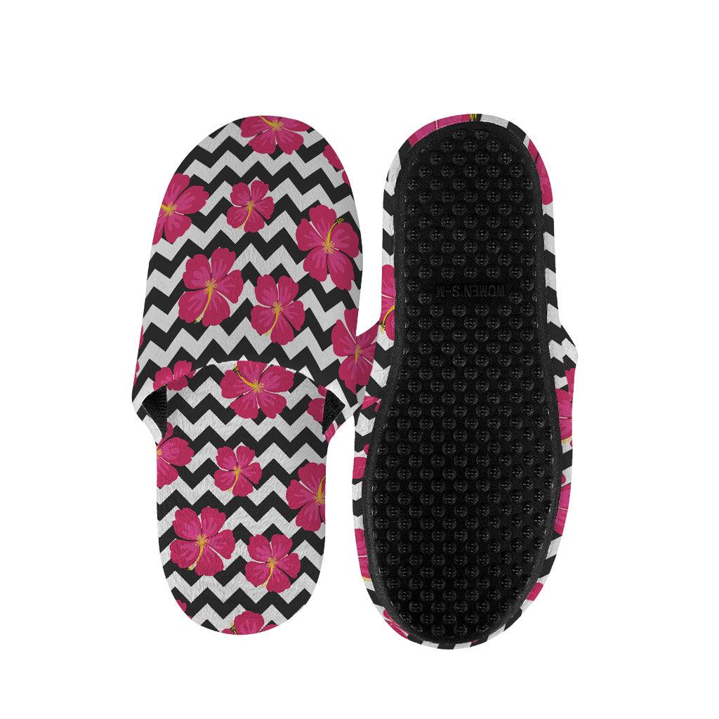 Pink Hibiscus Zigzag Pattern Print Slippers