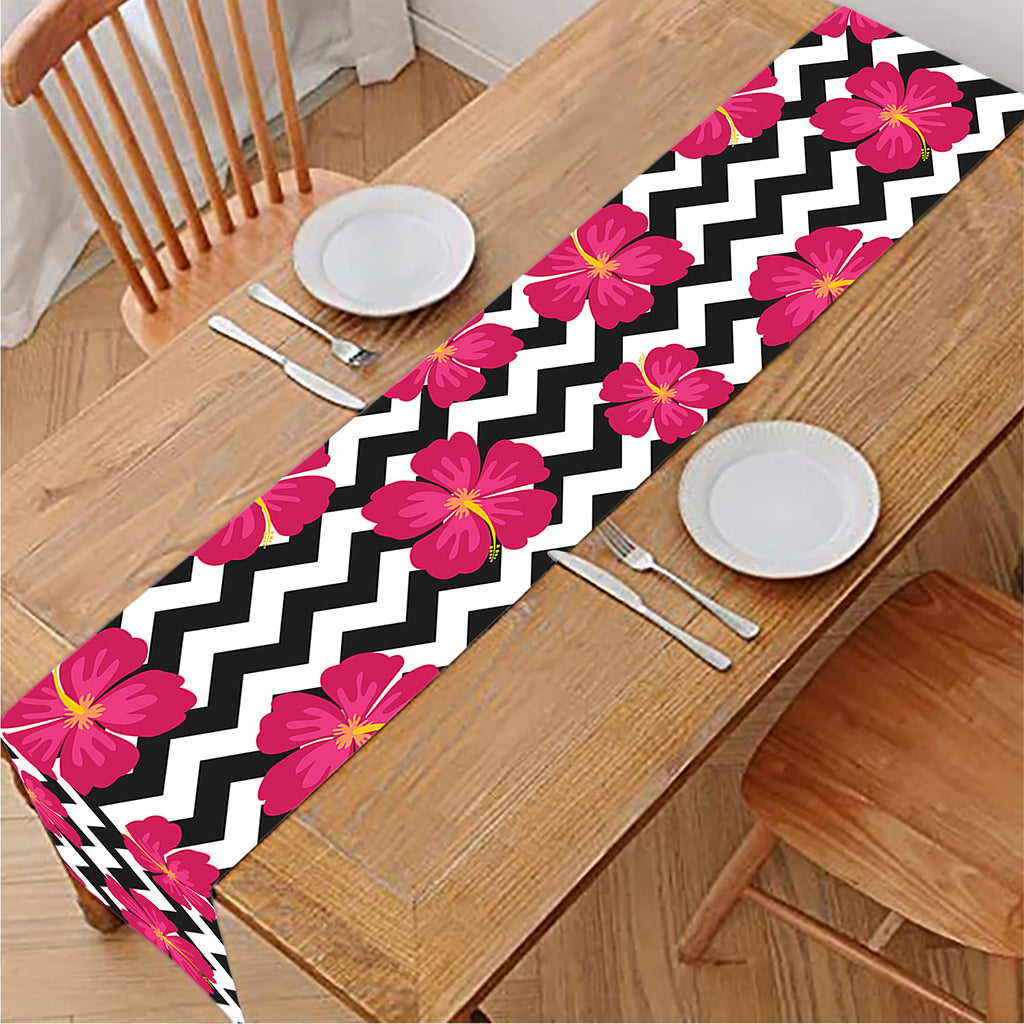 Pink Hibiscus Zigzag Pattern Print Table Runner