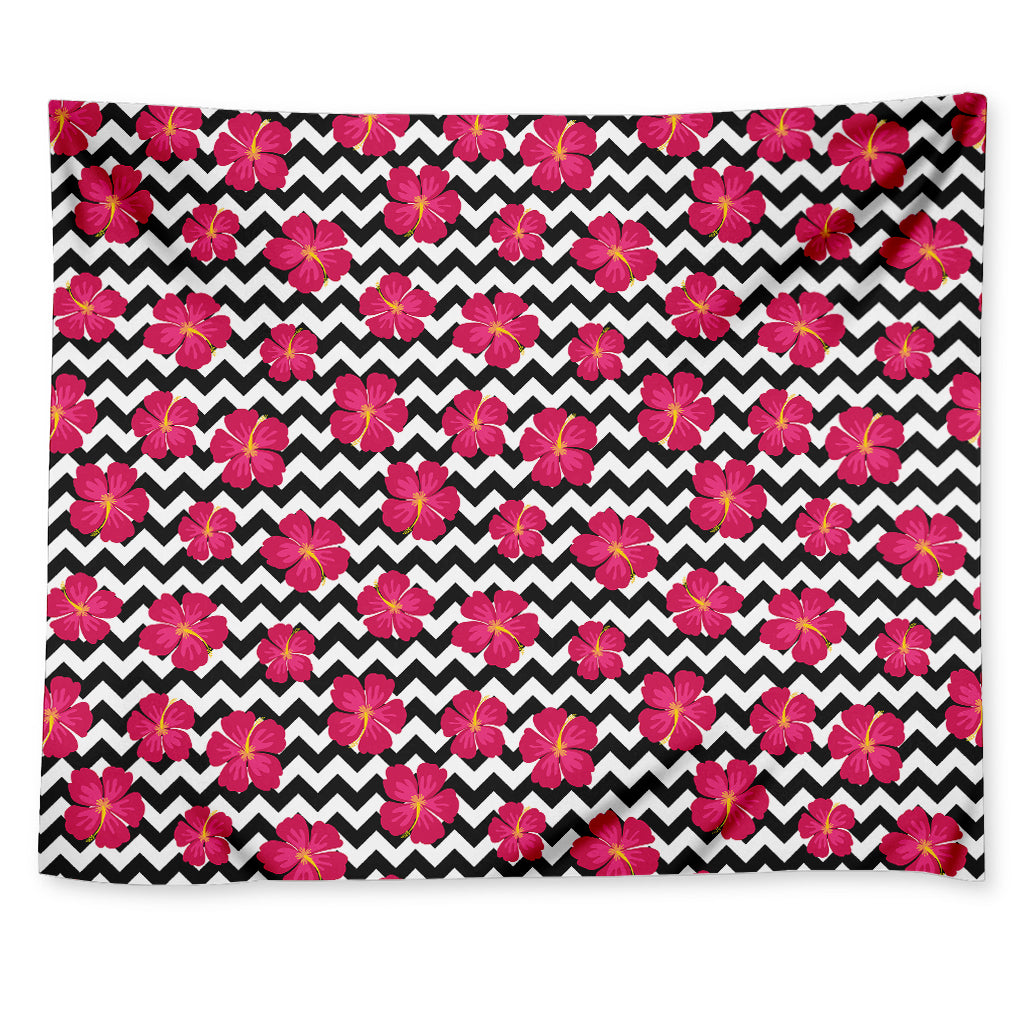 Pink Hibiscus Zigzag Pattern Print Tapestry