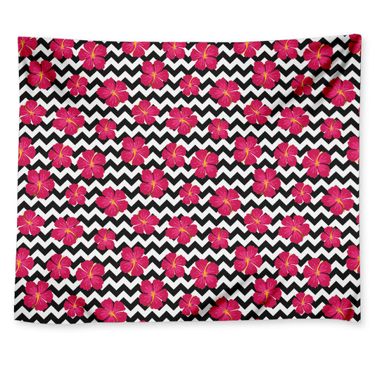 Pink Hibiscus Zigzag Pattern Print Tapestry
