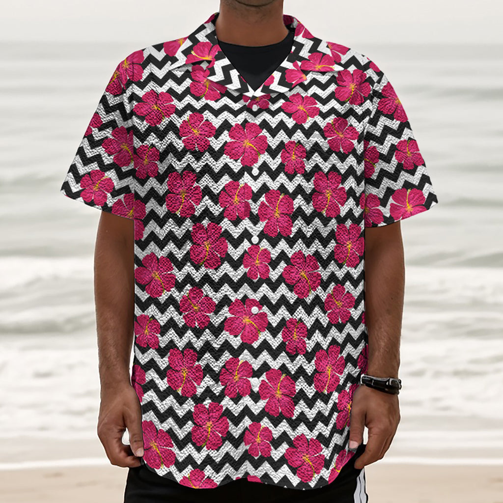 Pink Hibiscus Zigzag Pattern Print Textured Short Sleeve Shirt