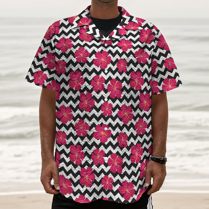 Pink Hibiscus Zigzag Pattern Print Textured Short Sleeve Shirt