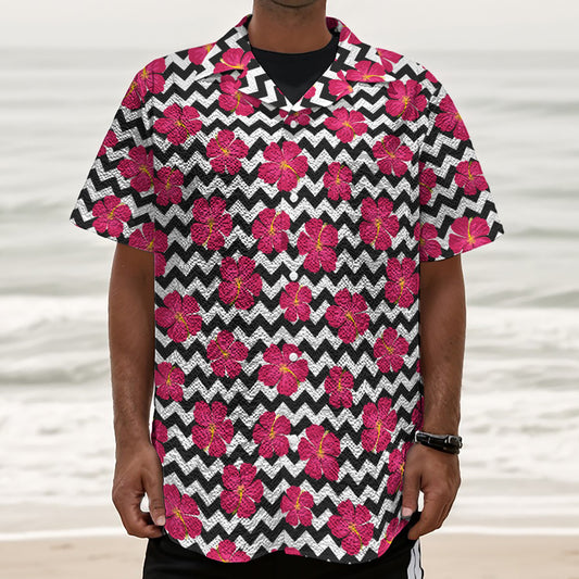Pink Hibiscus Zigzag Pattern Print Textured Short Sleeve Shirt