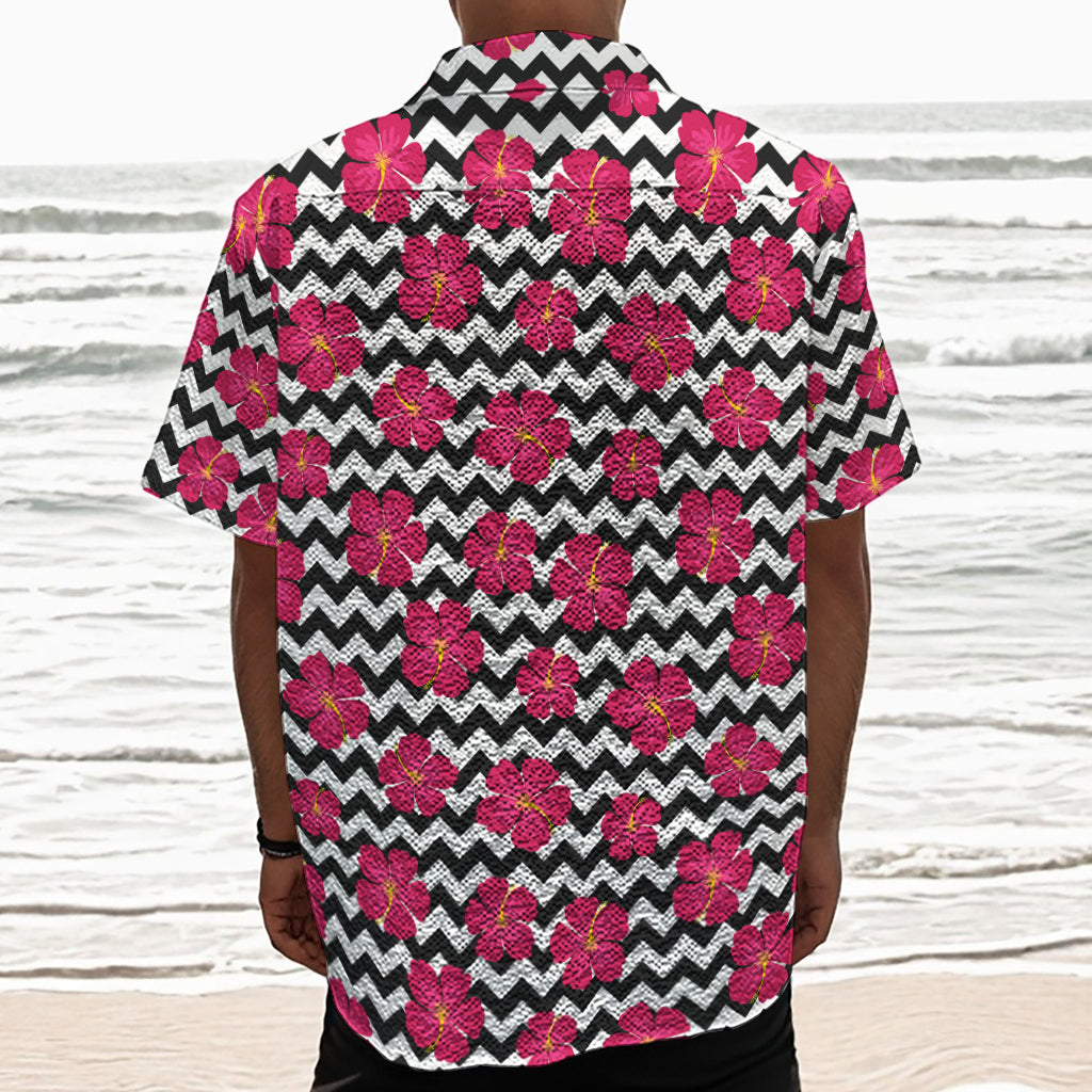 Pink Hibiscus Zigzag Pattern Print Textured Short Sleeve Shirt