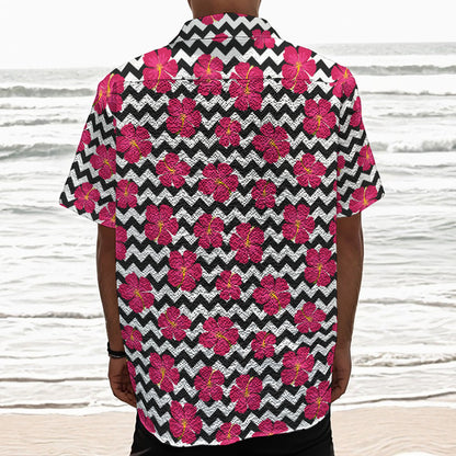 Pink Hibiscus Zigzag Pattern Print Textured Short Sleeve Shirt