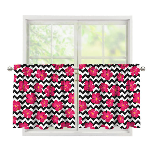 Pink Hibiscus Zigzag Pattern Print Tier Curtains