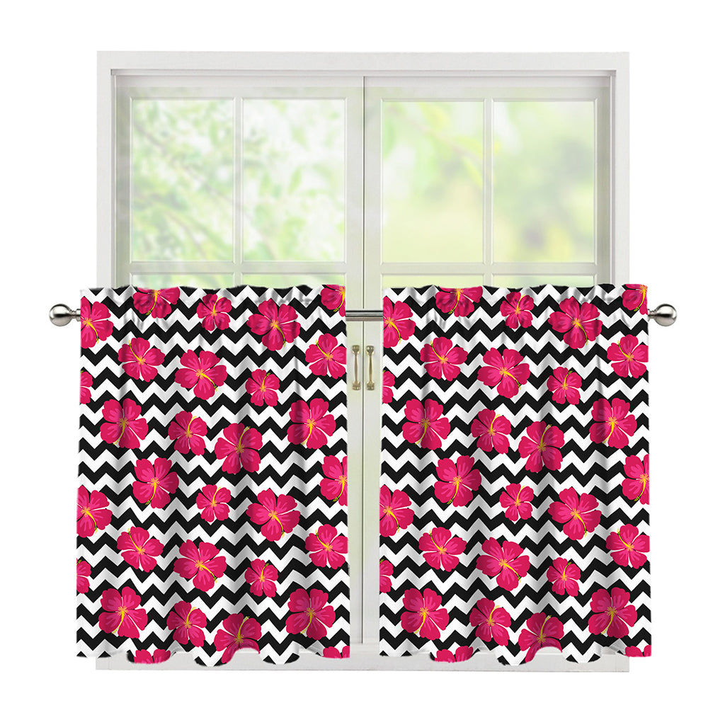 Pink Hibiscus Zigzag Pattern Print Tier Curtains