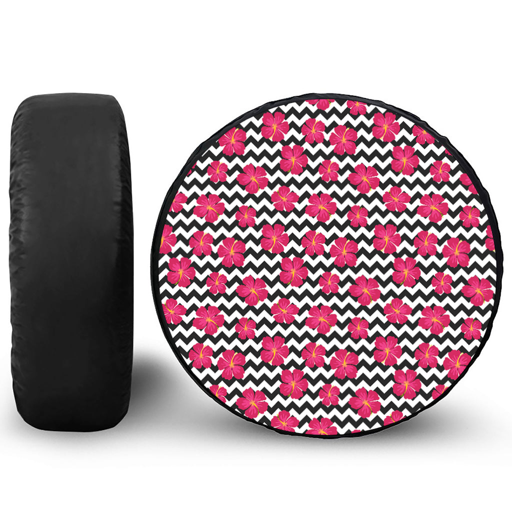 Pink Hibiscus Zigzag Pattern Print Tire Cover