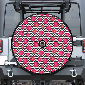 Pink Hibiscus Zigzag Pattern Print Tire Cover With Camera Hole