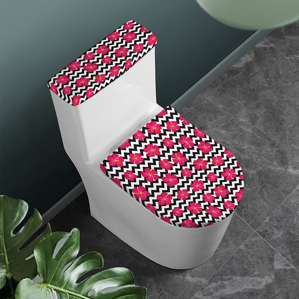 Pink Hibiscus Zigzag Pattern Print Toilet Lid And Tank Cover Set