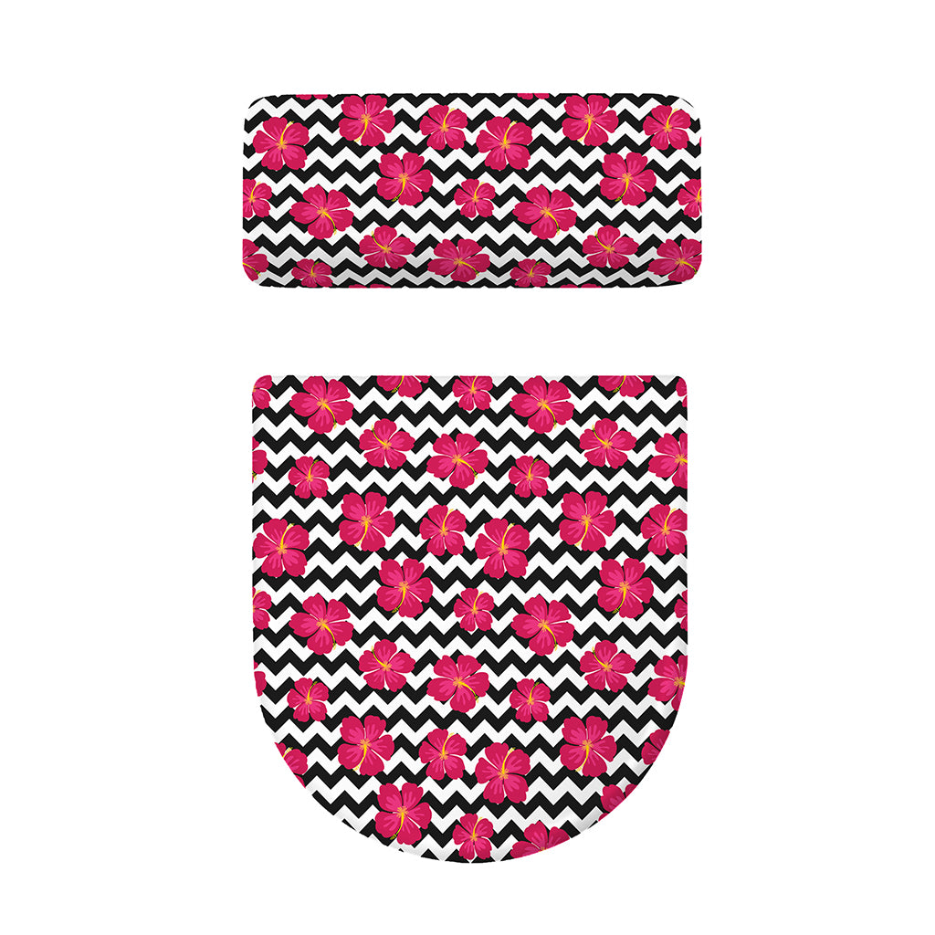 Pink Hibiscus Zigzag Pattern Print Toilet Lid And Tank Cover Set