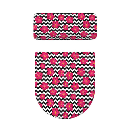Pink Hibiscus Zigzag Pattern Print Toilet Lid And Tank Cover Set