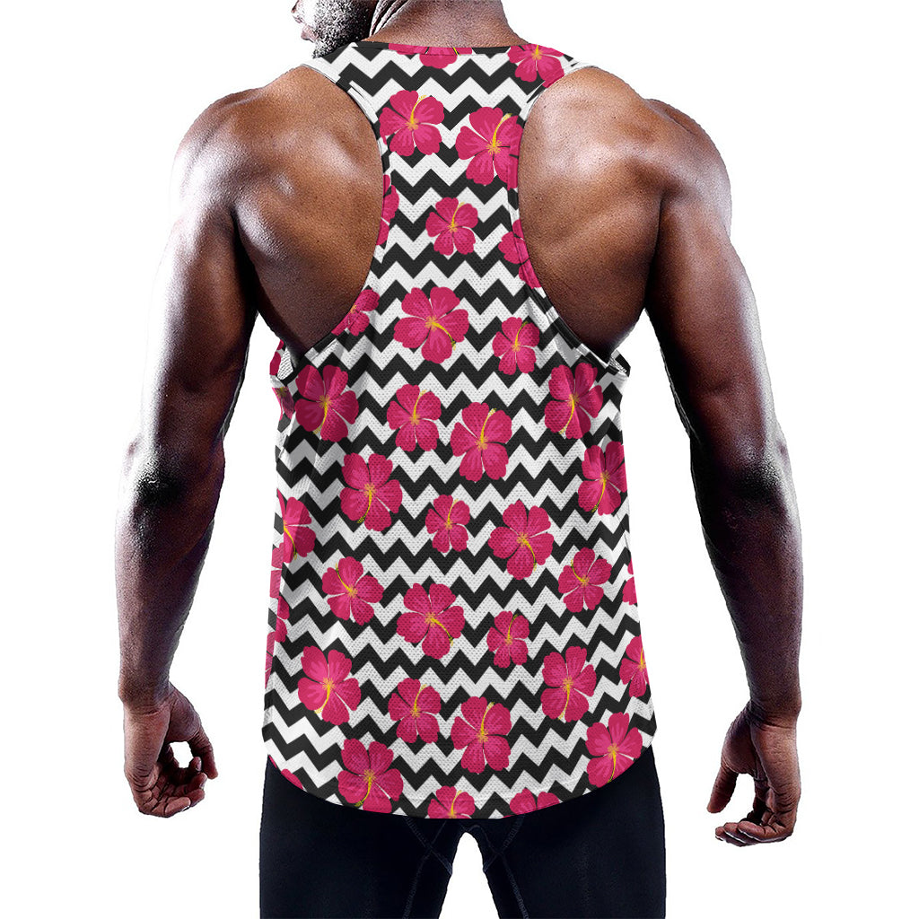 Pink Hibiscus Zigzag Pattern Print Training Tank Top