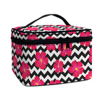 Pink Hibiscus Zigzag Pattern Print Travel Makeup Bag