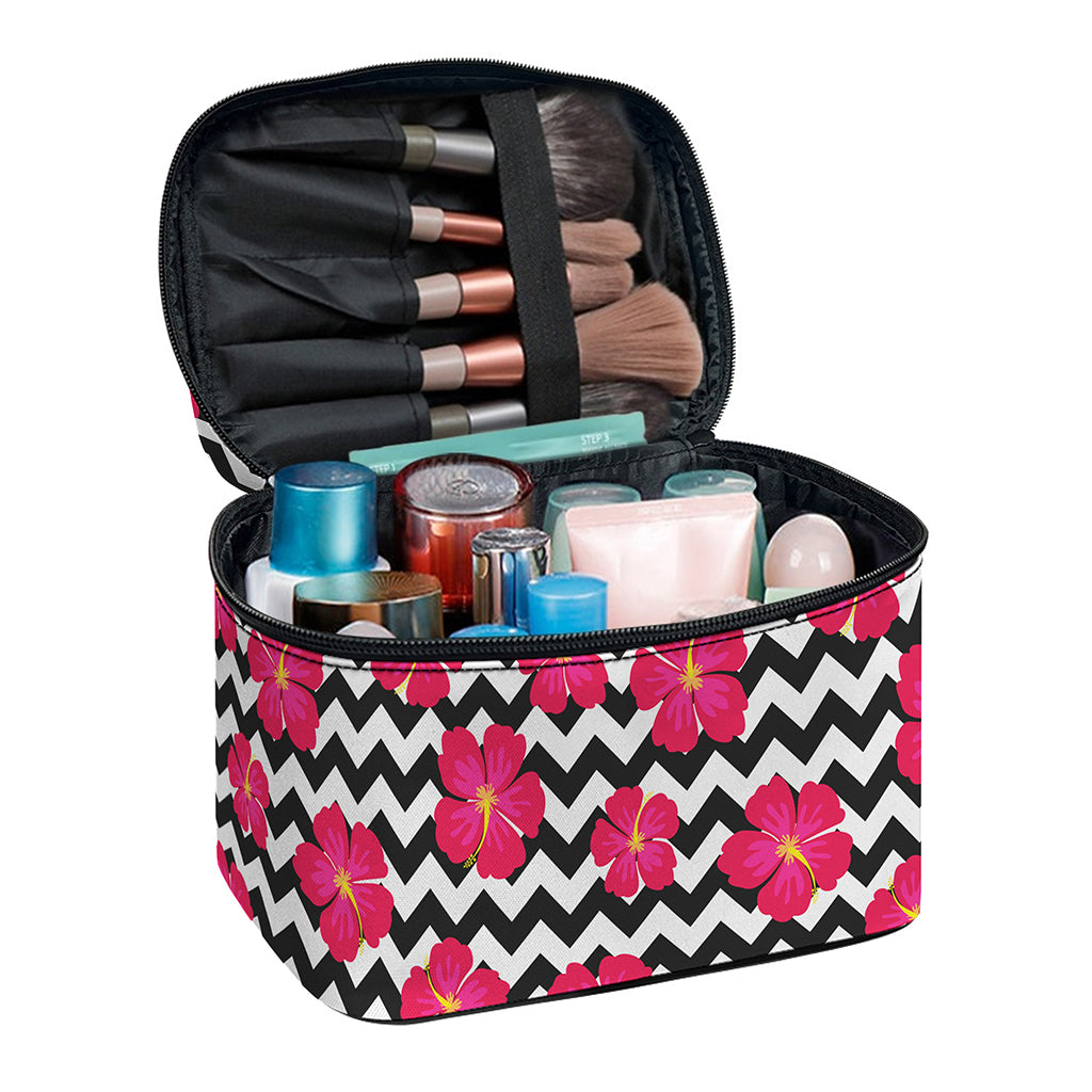 Pink Hibiscus Zigzag Pattern Print Travel Makeup Bag