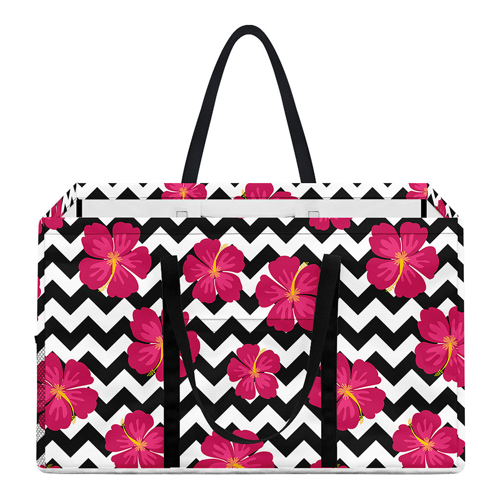Pink Hibiscus Zigzag Pattern Print Utility Tote Bag