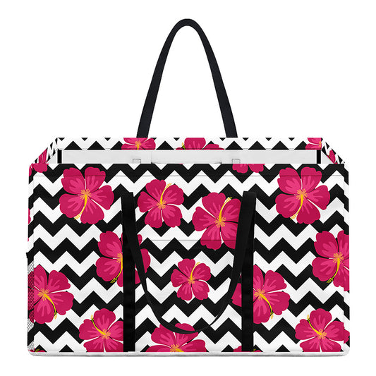 Pink Hibiscus Zigzag Pattern Print Utility Tote Bag