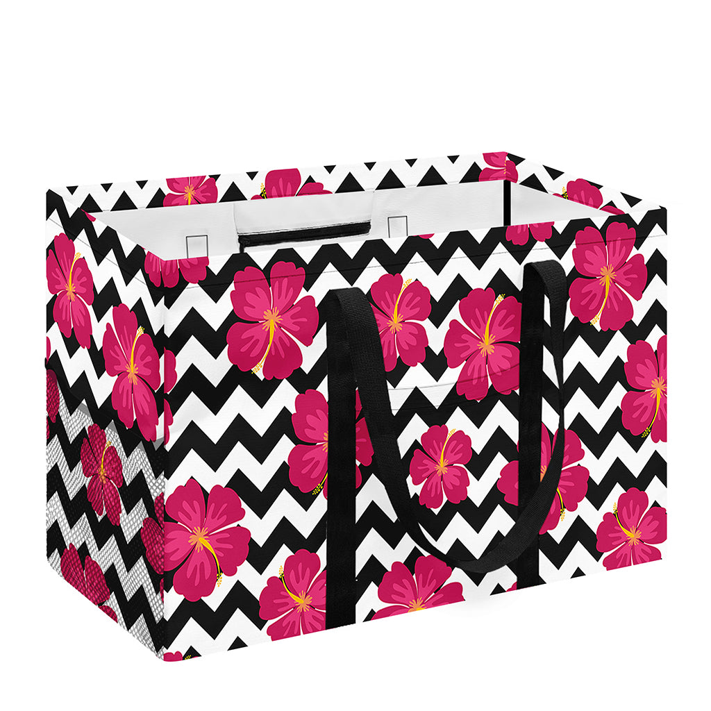 Pink Hibiscus Zigzag Pattern Print Utility Tote Bag