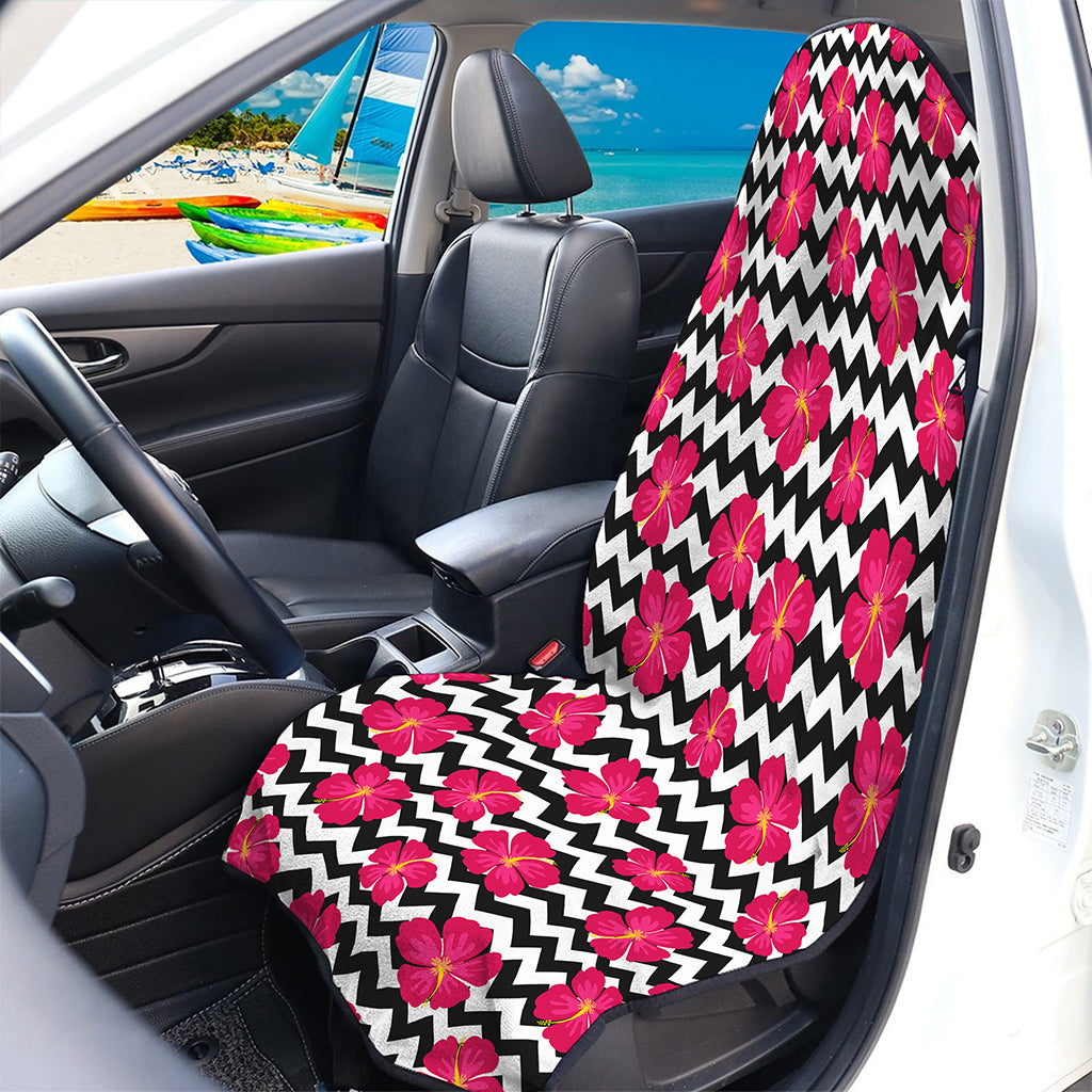 Pink Hibiscus Zigzag Pattern Print Waterproof Car Seat Cover